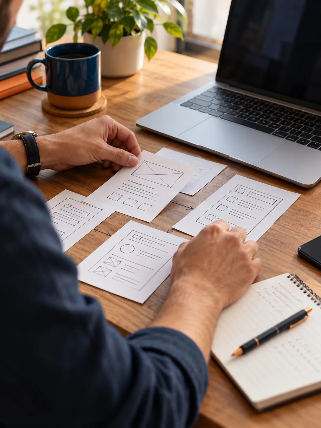 Illustrative close-up of hands arranging software planning sketches beside a laptop