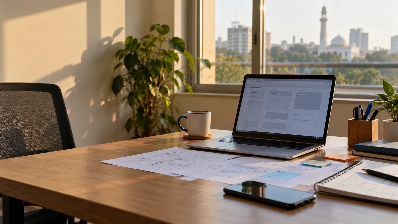 Illustration of a software planning workspace with sketches and a laptop