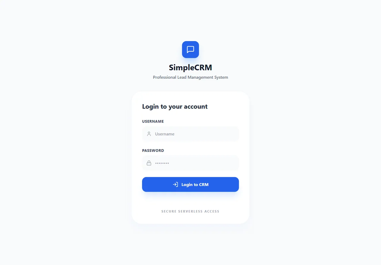 Public screen of the SimpleCRM application